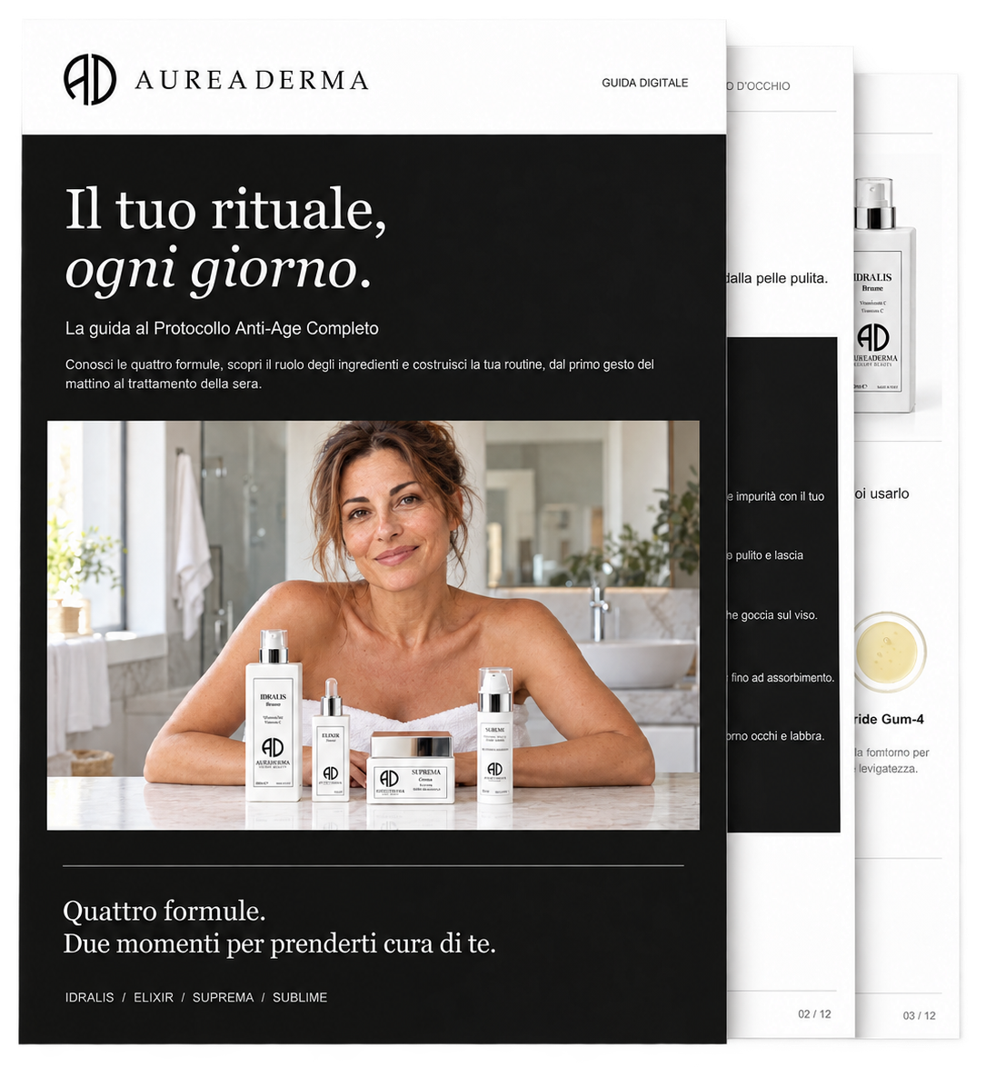 Mockup su fondo trasparente della guida digitale AUREADERMA: la copertina «Il tuo rituale, ogni giorno» con la donna e le quattro confezioni IDRALIS, ELIXIR, SUPREMA e SUBLIME, con due pagine interne visibili dietro