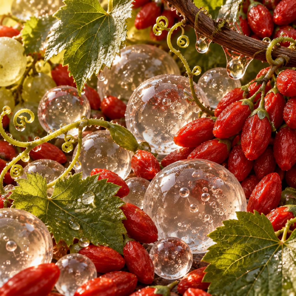 Sfere di acido ialuronico, linfa di vite e bacche di Goji